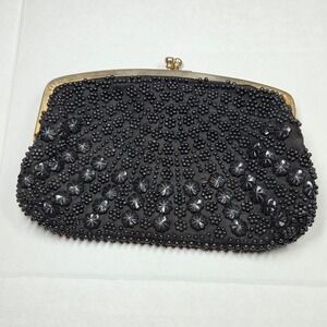 Vintage Security Quality Plus Black Beaded Clutch Evening Bag Hand Made HongKong
